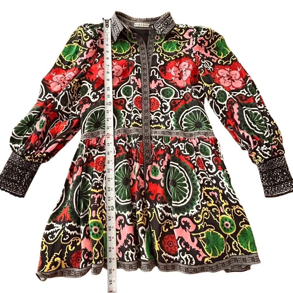 Alice + Olivia Bertha Women’s Mixed Print Long Sleeve Minidress XS - Picture 3 of 9